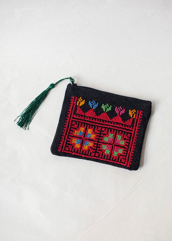 Liten brodert pung, svart og flerfarget
