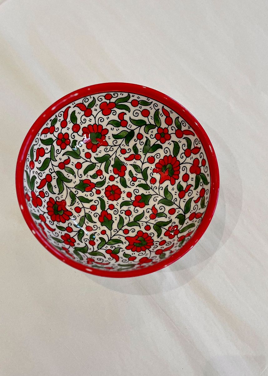 Keramikkskål høy, rød og grønn 20 cm